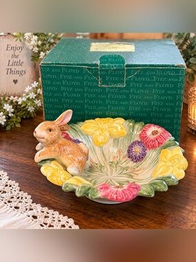Vintage 1990s Fitz & Floyd Nature’s Treasures Rabbit Bunny Floral Bowl 58/175